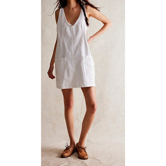 Free People Dresses & Skirts - FREE PEOPLE WE THE FREE WHITE HIGH ROLLER DENIM OVERALL SKIRTALL MINI DRESS SZ M